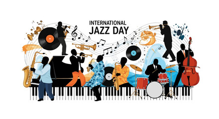 Colorful vector illustration celebrating International Jazz Day, featuring musicians playing instruments like saxophone, trumpet, piano, and drums against a white background with musical © NanzZ