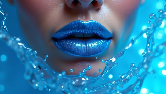 Metallic blue lips with glowing water splash.