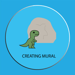 Fototapeta premium Minimalist Vector Illustration of a Cute Cartoon Dinosaur Creating a Mural on a Stone Wall