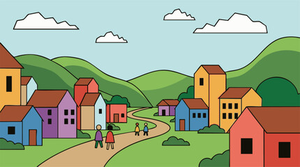 Colorful village in a hilly landscape with people walking on a winding road © Artification