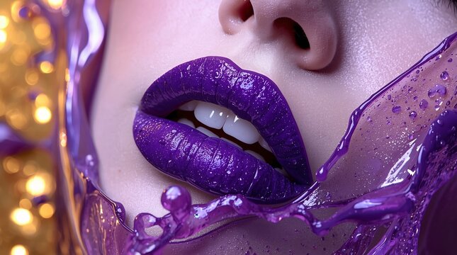 Glossy Purple Lips with Splash.Perfect for cosmetic advertising, fashion editorials, and modern design campaigns. 