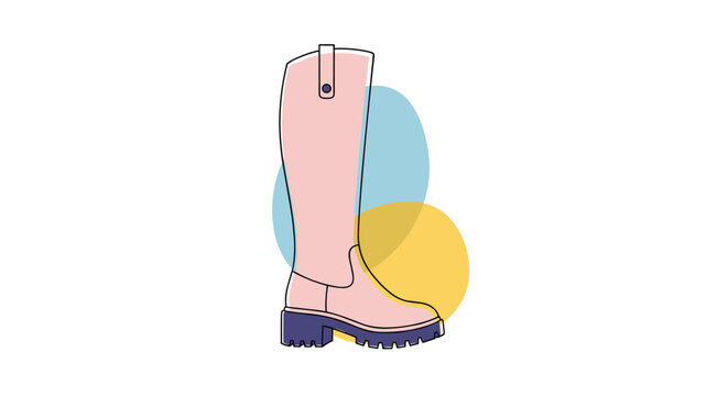 Fashionable pink high boot with a chunky dark sole set against abstract colorful shapes on a white background.