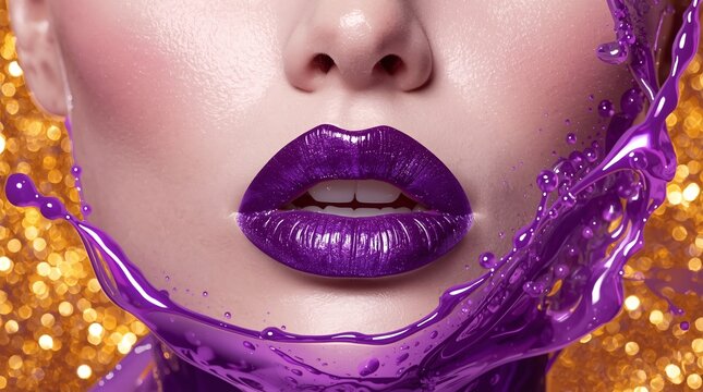 Glossy purple lips with golden glitter splash, beauty and fashion concept.
