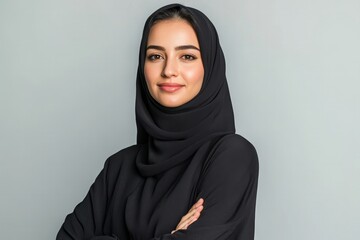 Naklejka premium Confident middle eastern woman wearing a black hijab and abaya standing against a plain background
