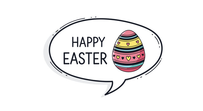 Cheerful Happy Easter speech bubble design containing a brightly patterned egg decorated with hearts and stripes.