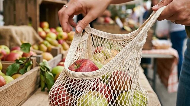 Eco friendly plastic free shopping journey picking fresh apple harvest outdoor farmers market with reusable mesh bag carrying seasonal fruit market