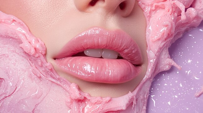 Glossy Pink Lips with Creamy Foam Texture.  Ideal for beauty campaigns, skincare promotions, editorial design, and creative advertising assets.