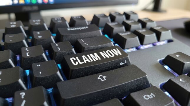 A close-up shot of a mechanical keyboard with a black keycap displaying the text "CLAIM NOW" in white. The keyboard is positioned in front of a computer monitor.