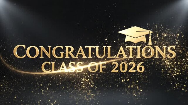 Celebratory digital graphic displaying congratulations for the graduation class of 2026 with sparkling effects