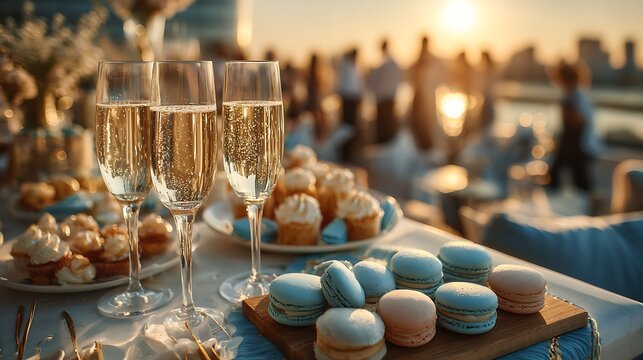 Elegant rooftop reception with champagne flutes, pastel desserts, and warm golden blue sunset tones
