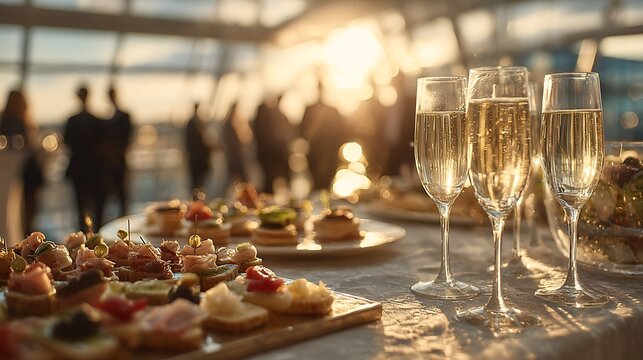 Corporate reception table with champagne flutes and canapes at sunset in golden silver tones