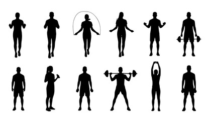 Gym fitness people silhouette set with running jump rope and weightlifting vector collection © MdMasud