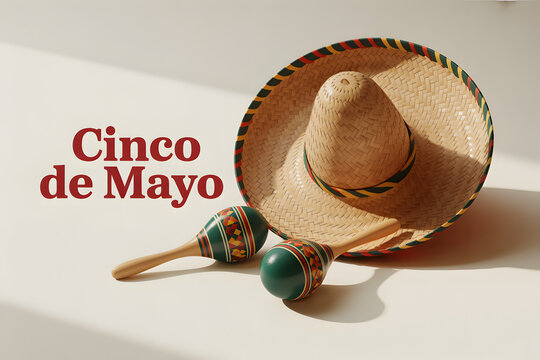 Cinco de Mayo festive background, traditional Mexican sombrero and maracas on neutral surface, cultural holiday celebration concept