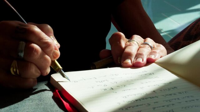 Extreme close-up of a senior elderly woman lady hand writing on a paper notebook with a fountain pen. Cinematic lighting highlighting the texture of the paper and the movement of writing