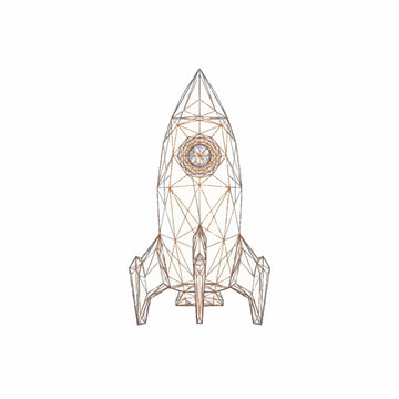 Geometric wireframe rocket ship illustration with clock detail.