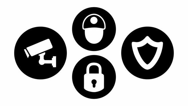Collection of monochrome security icons representing surveillance camera guard helmet padlock and shield symbol isolated on a clean white background conveying protection