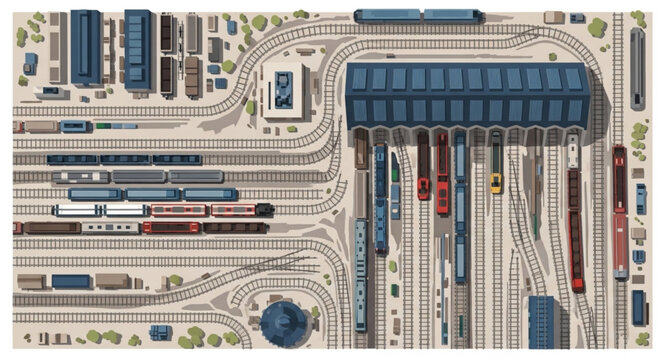 Vintage illustration of a busy train station with many tracks and trains.