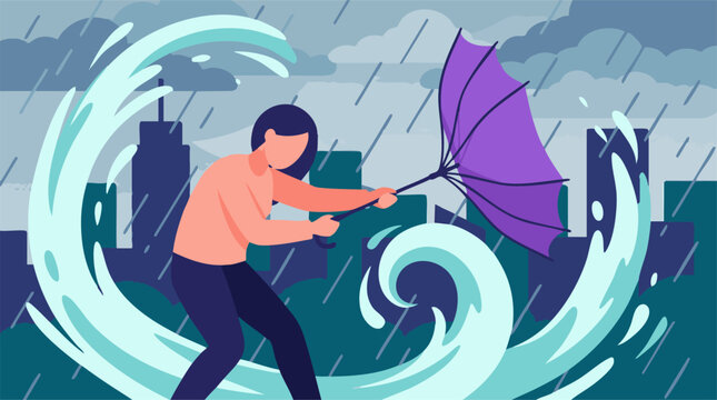 Illustration of a person struggling with a broken umbrella in a storm