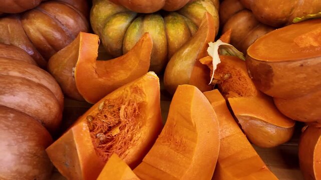 Fresh pumpkin slices displayed at local market