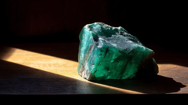 Raw emerald crystal natural green gemstone with dramatic light and shadow isolated on a wooden surface for jewelry or mineralogy concepts