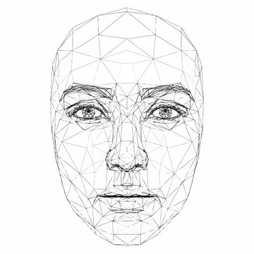 Wireframe human face with geometric polygons and detailed eyes.