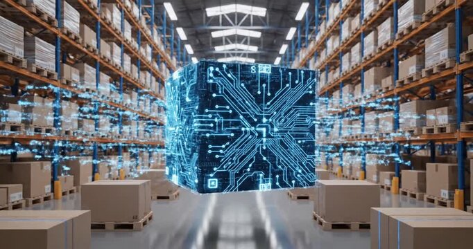 Futuristic warehouse showcasing a digital cube with circuit patterns amidst stacked boxes