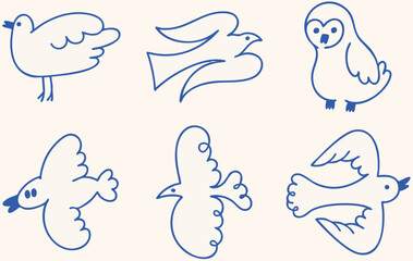 Collection of simple blue line art bird illustrations hand-drawn style for childrens books and nature themes isolated on a light background © aftab
