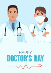 Obraz premium Happy Doctor's Day greeting card design with male and female doctors. Vector illustration.