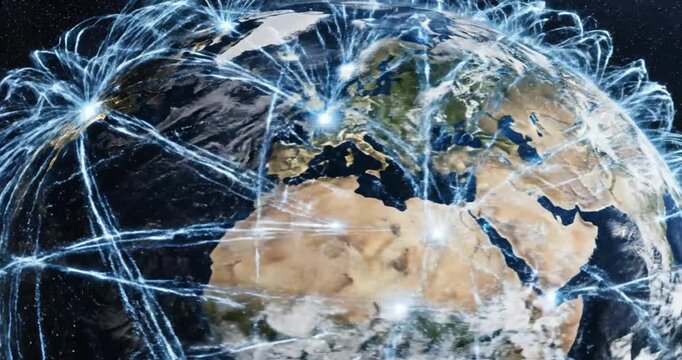 Global network connections illustrated over a detailed Earth view showcasing data flow and communication