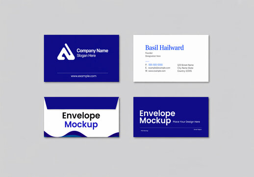 Corporate Stationery Branding Mockup Set with Blue and White Business Cards and Envelopes