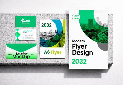 Corporate Stationery Branding Mockup Set with A4 and A6 Flyers Business Cards and Envelope on Concrete Slab
