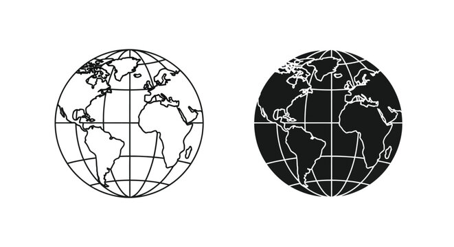 Two depictions of planet earth are shown in black and white one with visible grid lines and the other solid