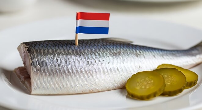Dutch herring with pickles and flag.