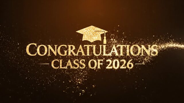 Animated congratulations video celebrating graduation milestones for the class of 2026 with dazzling golden sparkles and festive