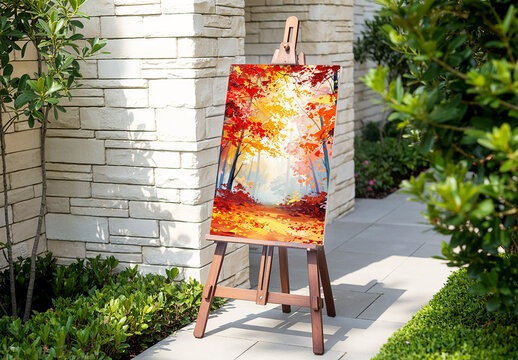 Canvas Art Mockup on Wooden Easel in Garden with Autumn Forest Painting and Stone Wall