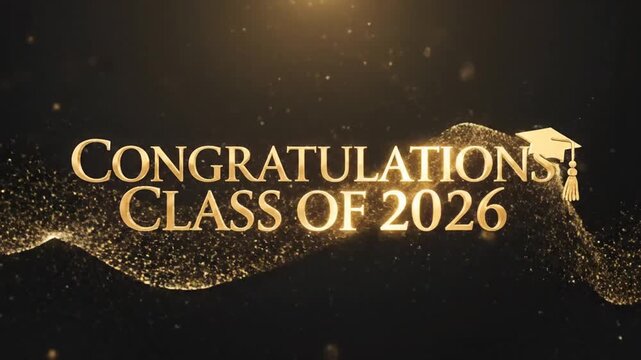 Dynamic celebration of graduation with sparkling gold confetti and congratulatory messages for the graduating class of 2026