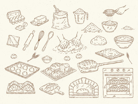 Bakery baking process line art doodle vector set featuring dough in bowl, kneading hands, flour sifting, eggs, ingredients, tools, shaping dough, baking trays, oven and finished bread in outline style