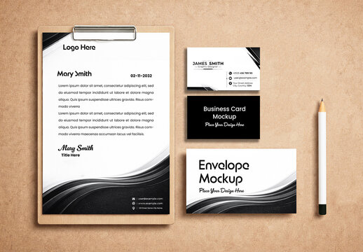 Corporate Stationery Branding Mockup Set with Clipboard Letterhead Business Cards Envelope and Pencil