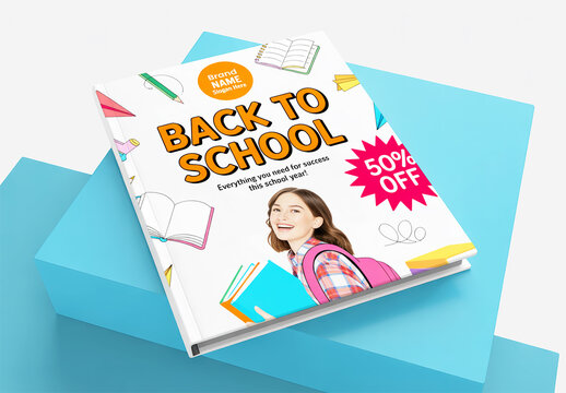 Hardcover Book Mockup on Blue Podiums with Back to School Sale Promotion Cover Design