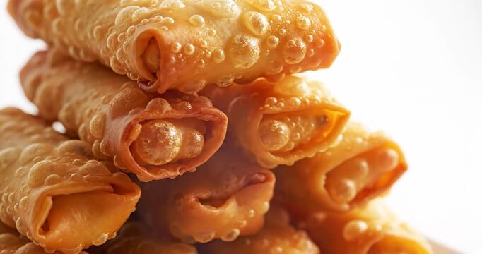 Golden, crispy spring rolls stacked neatly on a white plate, with bubbles indicating freshness