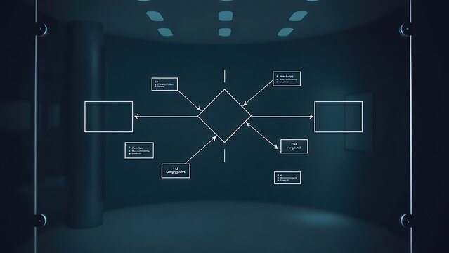 flowchart. Abstract geometric flowchart on glass, representing business optimization and corporate strategy. pitch deck slides.