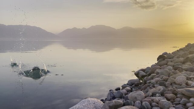 Dynamic splash of a skipping stone on the calm surface of lake  at sunrise, featuring a rocky shoreline and distant mountain silhouettes in soft morning light
