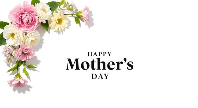 Happy Mother's Day greeting card with beautiful spring flower arrangement on white background