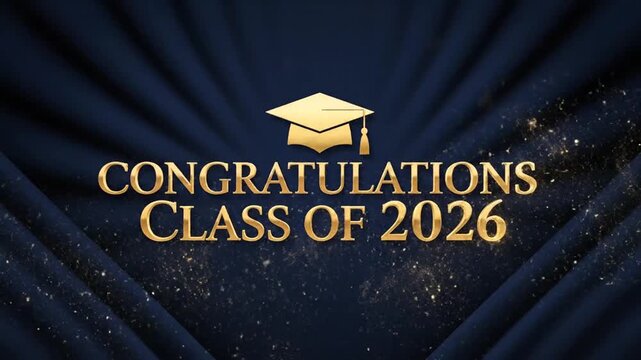 Celebratory graduation capsule marking the class of 2026 with sparkling effects and academic symbols