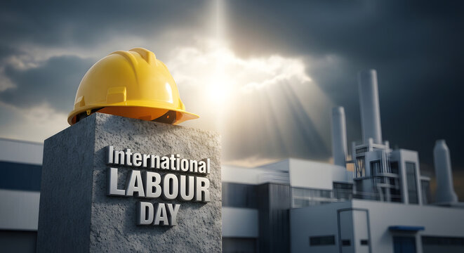 Yellow hard hat on monument for International Labour Day