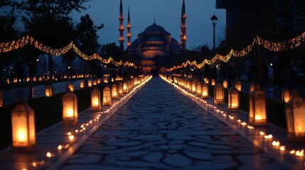 Naklejka premium Lantern-lit path leading to mosque during Eid evening