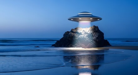 Obraz premium UFO Hovering Over Rocky Shore at Twilight