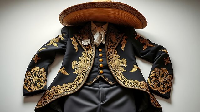 charro. A lavish Charro suit with gold embroidery, jacket, trousers, and sombrero. event programs, museum guides, designed for cultural heritage projects and event programs, preserves heritage.