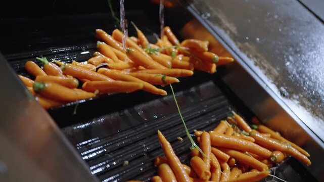 Fresh carrots being washed with water on a conveyor belt in a food processing facility. Industrial cleaning and preparation of vegetables for packaging and distribution.