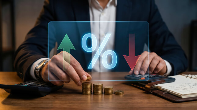 Businessman analyzing interest rates and financial growth with digital percentage icon and coin stacks